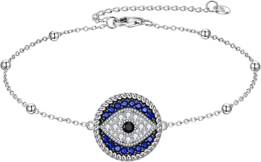 Blue Evil Eye Anklet Greek Evil Eye Anklet Bracelet Adjustable Ojo Turco Kabbalah Amulet Nazar Layered Silver Ankle Bracelets Protection Jewelry Amulet Gift for Wife Mother Sister Birthday
