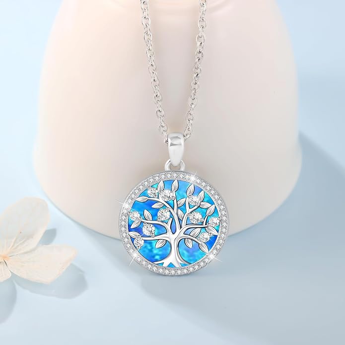 Aniu Tree of Life Necklace for Women, 925 Sterling Silver Mother of Pearl Family Palm Tree Charm Pendant Jewelry for Birthday Christmas Gift