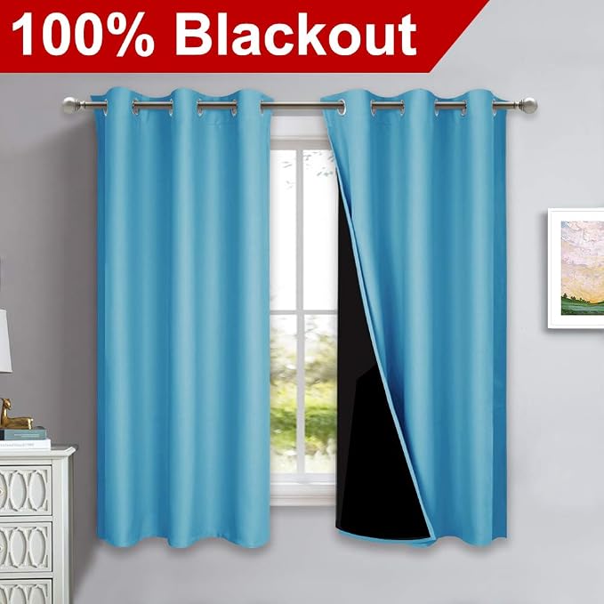 NICETOWN 100% Blackout Curtains 54 inches Long, Teal Blue, 1 Pair, 42 inches Width Each Panel, 2 Thick Layers Completely Blackout Window Treatment Thermal Insulated Lined Drapes for Small Window