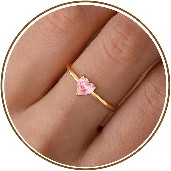 WFYOU Gold Heart Birthstone Rings for Women 14K Gold Plated Non Tarnish Stackable Pinky Cubic Zirconia Rings Emerald Dainty Gemstone Thumb Ring Band Cute Jewelry Birthday Gift Size 5-10