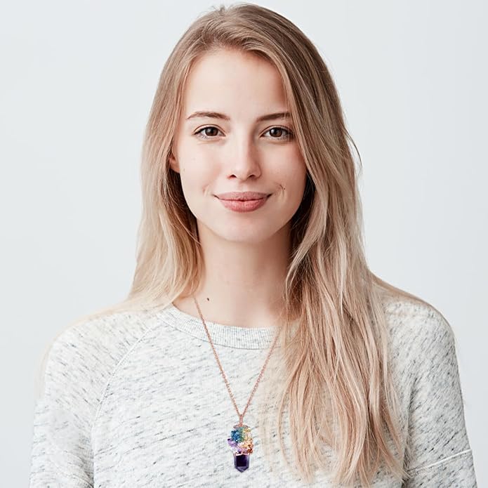 Natural 7 Chakra Stone Life Tree Pendant Necklace Reiki Healing Crystal Tumbled Stones Necklace Women Jewelry for Good Luck, Meditation, Protection, Energy Balancing, Gift