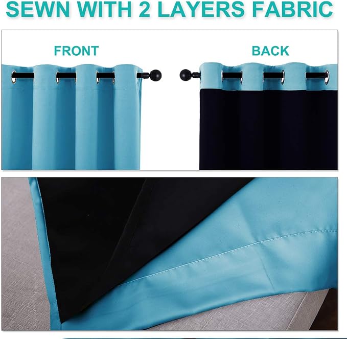 NICETOWN 100% Blackout Curtains for Windows, Pack of 2, Teal Blue, 52" W x 120" L, Super Heavy-Duty Black Lined Total Darkness Drapes for Bedroom, Privacy Assured Window Treatment for Patio