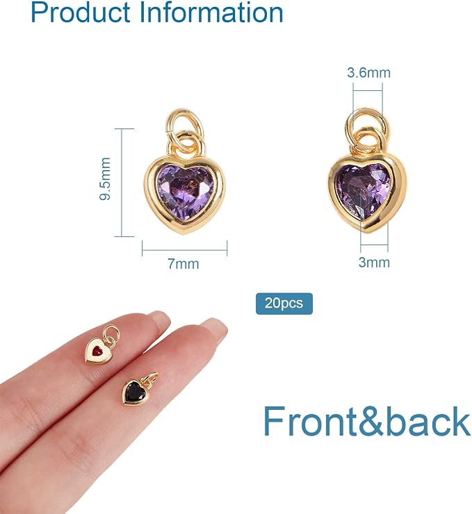 DanLingJewelry 20pcs Random Color Brass Cubic Zirconia Heart Charms Mini CZ Stone Heart Charms with Jump Ring for Jewelry Making