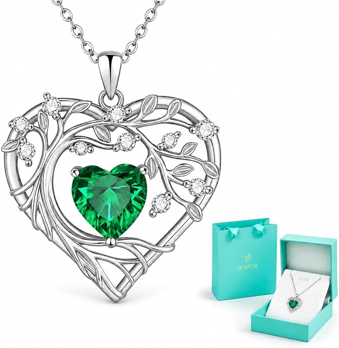 Tree of Life Birthstone Pendant Necklace - 925 Sterling Silver Heart Cubic Zirconia Diamond Women Pendant Necklaces for Her Daughter Girlfriend Birthday Gift Ideas for Wife Mom for Valentines Day