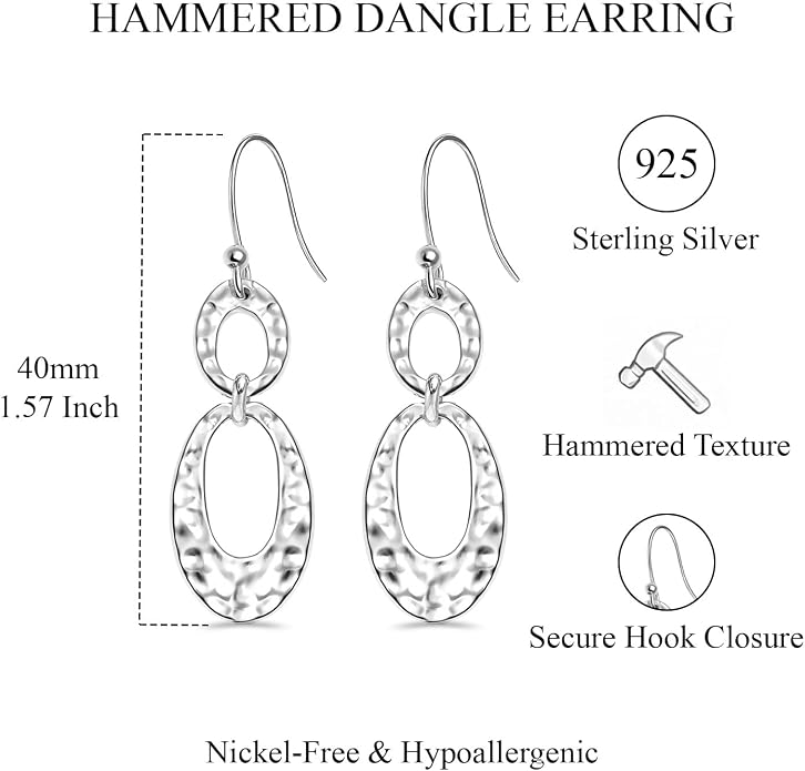 LeCalla 925 Sterling Silver Hammered Earrings for Women | Classic Handmade Textured Hammered Drop Dangle Earring Jewelry Gifts for Birthday Wedding Christmas