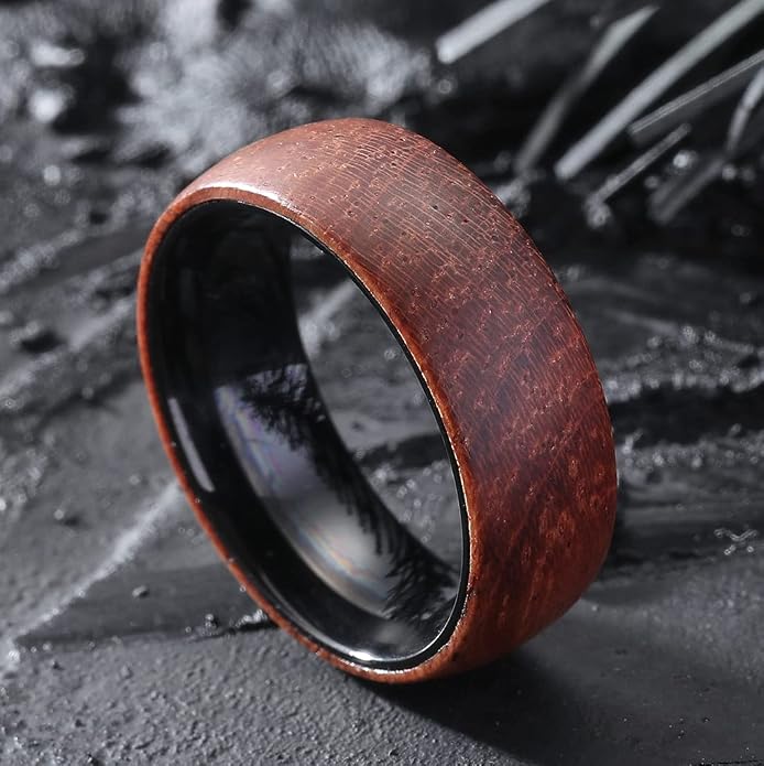 King Will 6/8mm Wedding Band for Men, Silver/Black Hammered Titanium Wedding Ring Inlaid Wood Inner Hole, Wedding Band for Men Matte Brushed Comfort Fit 7-14