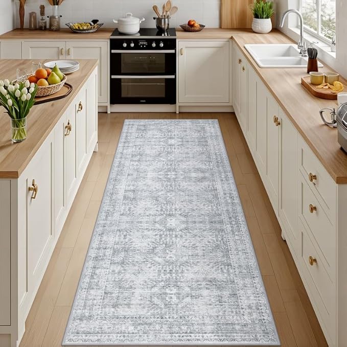 2'6''x8' Hallway Washable Runner Rug: Vintage Boho Neutral Kitchen Rug Soft Small Area Rug Indoor Floor Non-Slip Low Pile Carpet for Farmhouse Entryway Laundry Bathroom Bedroom Beside Rugs Gray