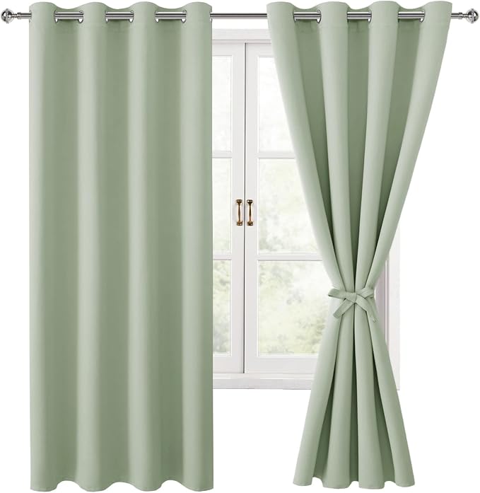 Hiasan Blackout Curtains for Bedroom, 52 x 63 Inches Length - Thermal Insulated & Light Blocking Window Curtains for Living Room/Kids Room, 2 Drape Panels Sewn with Tiebacks, Seafoam Green