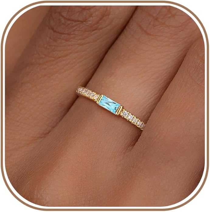 RLMOON Birthstone Gold Rings for Women Non Tarnish 14K Gold Plated Eternity Stackable Rings Dainty CZ Gemstone Engagement Rings Wedding Band Jewelry Gifts Size 4-10
