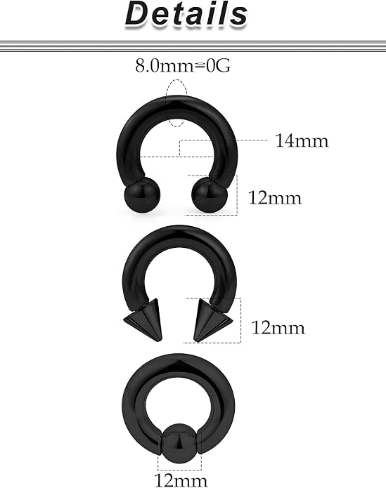 00G 0G 2G 4G 6G 8G 10G 12G 14G 16G Septum Rings Silver Black Surgical Steel Heavy Gauges Earrings Stretching kit Eyebrow Lip Septm Nose Rings Helix Tragus Daith Rook Earrings Hoops 10mm-19mm