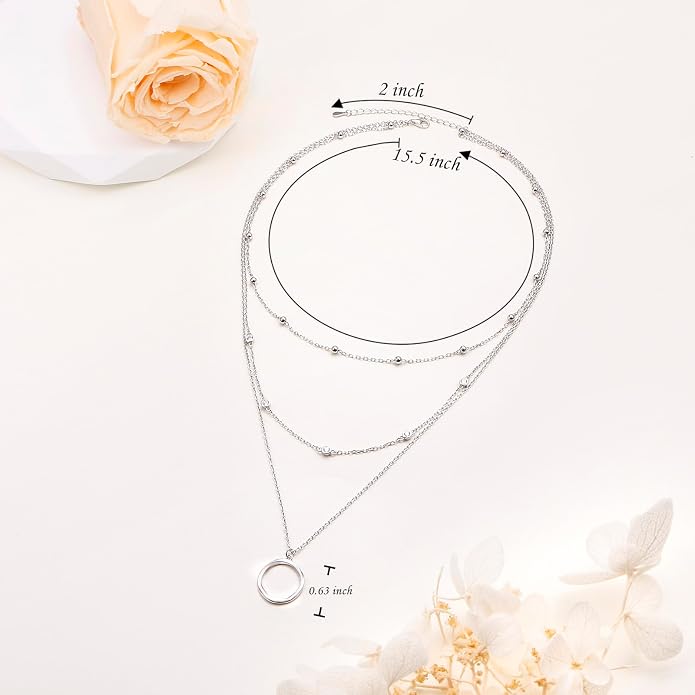 Layered Choker Necklaces for Women S925 Sterling Silver Circle/Heart/Cross/Star Multi Layered Necklace Handmade Bead Chain Adjustable Jewelry for Birthday