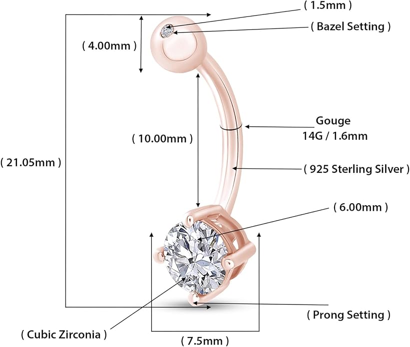 AFFY Round Shape Body Piercing Curved Barbells, Floating Navel Belly Piercing Button Premium Surgical Steel Ring in 14K Gold Over Sterling Silver