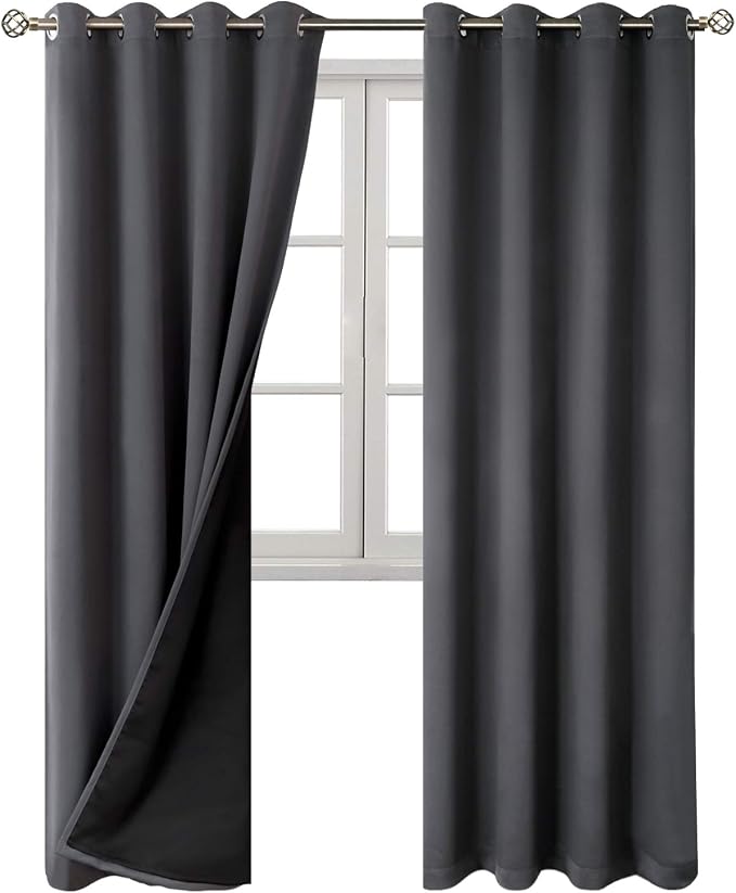BGment Thermal Insulated 100% Blackout Curtains for Bedroom with Black Liner, Double Layer Full Room Darkening Noise Reducing Grommet Curtain (52 x 72 Inch, Dark Grey, 2 Panels)