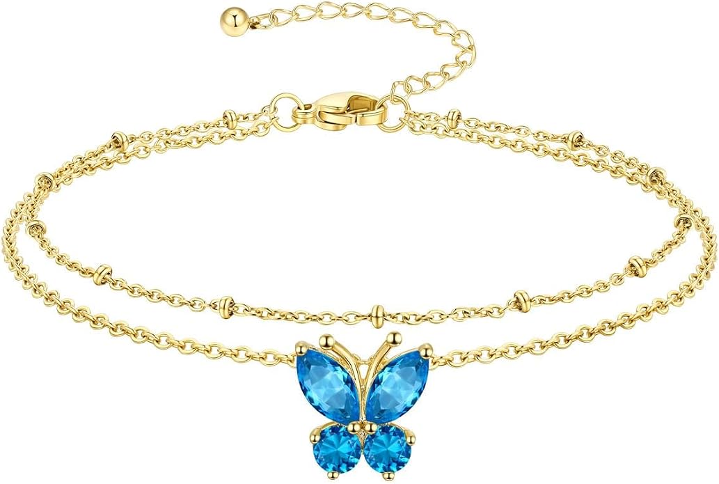 Richsteel Double Layer Heart/Butterfly Birthstone Anklet for Women Non Tarnish Waterproof, Silver/Gold/Black Stainless Steel 8.5-10.5 Inch Adjustable Chain Anklets Jewelry Gifts for Her
