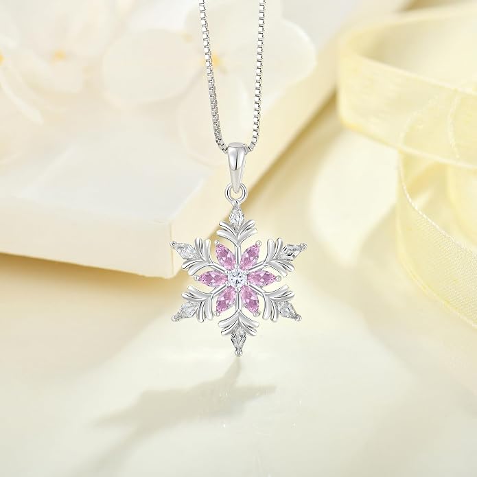 925 Sterling Silver Snowflake Necklace for Women Birthstone Snowflake Pendant Necklace Cubic Zirconia Christmas Jewelry