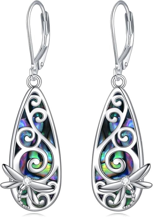 CRMAD Hummingbird/Bee/Leaves/Sunflower/Daisy/Dragonfly/Rose/Lotus Flower Sterling Silver Filigree Teardrop Earrings Abalone Shell Jewelry for Women