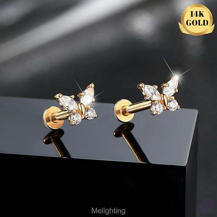 Melighting 14k Solid Gold Cartilage Earring 16G Internally Threaded Butterfly Flat Back Helix Piercing Jewelry Clear CZ Tragus Conch Stud for Women 6/8 mm