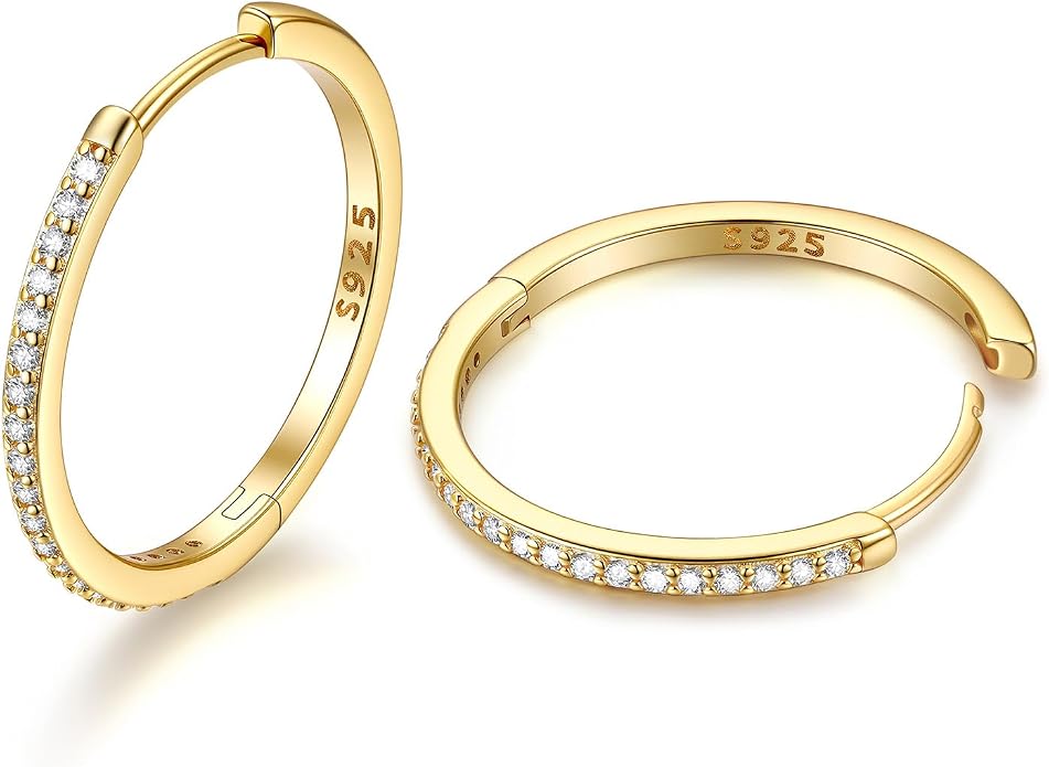 JustBeingCute 925 Sterling Silver Hoop Earrings for Women 14K Gold Plated Small Huggie Earrings Hypoallergenic Cubic Zirconia Cartilage Hoop Earring(8/10/12/14/16/18/20mm)