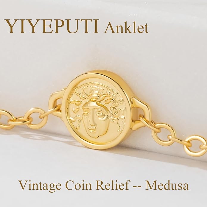 14K Gold Anklets for Women Gold Ankle Bracelets for Women Beach Anklets Romance on Coin Portrait Relief Dainty Coin Anklet for Womens Ankle Bracelets With Adjustable Size (9.4-11) in