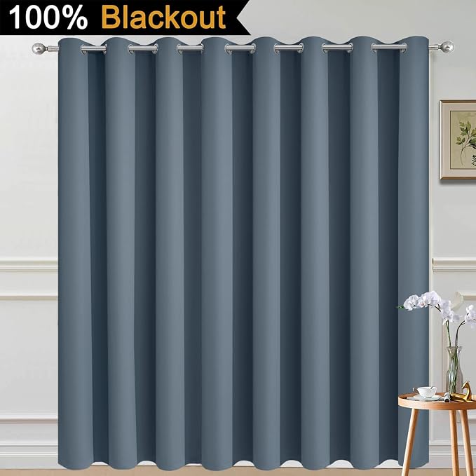 Yakamok Stone Blue Blackout Patio Door Curtain Panels W100 x L96,1 Panel | Noise Reducing Barrier Panel for Sliding Glass Door, 2 Thick Layers Heat Full Light Blocking Patio Door Drapery