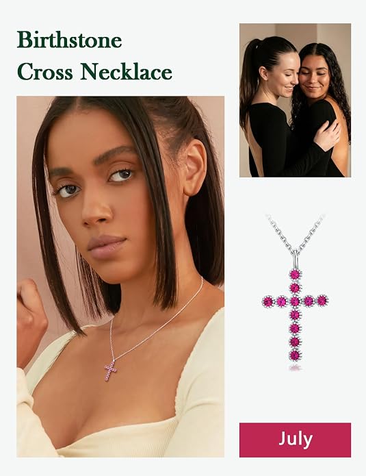 Sterling Silver Cross Necklace for Women Birthstone Religious Jewelry
