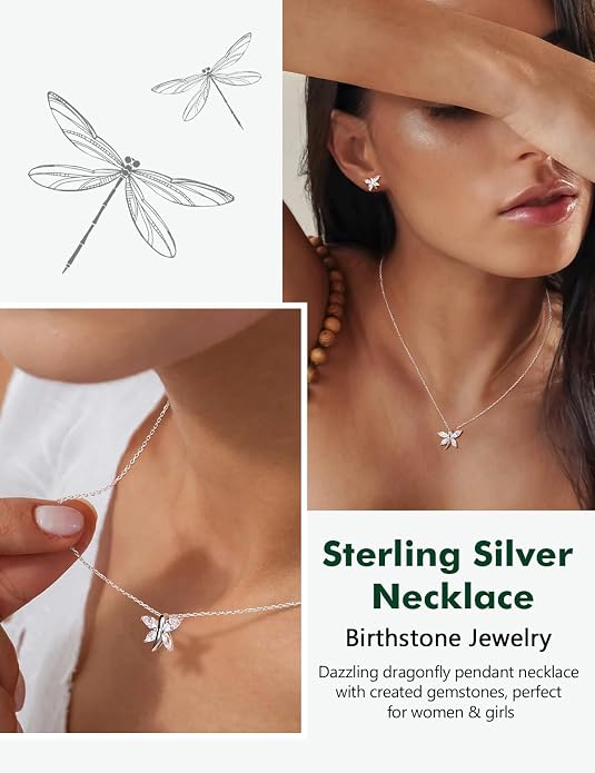 925 Sterling Silver Birthstone Necklaces for Women, Dainty Cute Dragonfly/Butterfly Pendant Necklace, Great Christmas/Anniversary Jewelry for Mother
