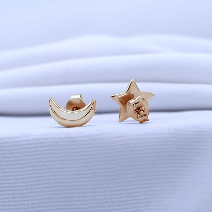 Asymmetric Earrings Half Moon And Star Lovely Charm Stud Earrings in 14K Gold Plated Sterling Silver With Push Back for her