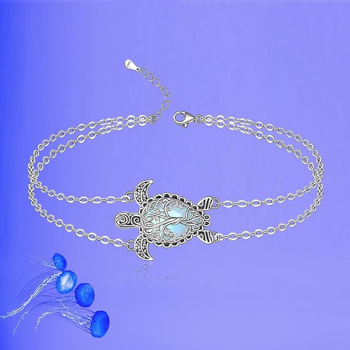 Fenthring Turtle Anklet S925 Sterling Silver Blue Opal Sea Turtle Ankle Bracelets for Women Infinity Wave Ocean Beach Summer Foot Bracelet Jewelry Layered Adjustable