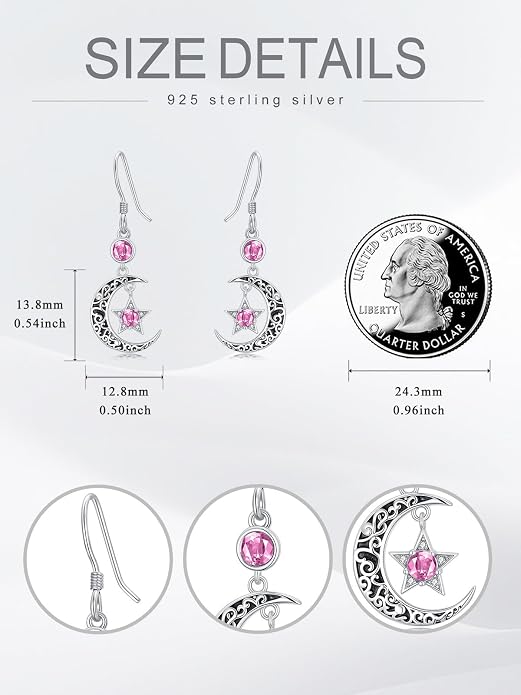 Seiyang Moon Star Birthstone Earrings 925 Sterling Silver Crescent Moon Star Dangle Drop Earrings with 12 Months Birthstone Vintage Jewelry Gifts for Women Mom Her