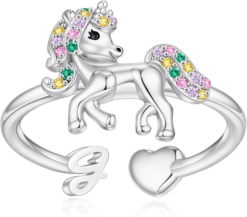Unicorn Initial Rings for Teen Girls, Rose Gold/White Gold Plated Heart Initial Rings for Girls Adjustable Stackable Rings for Women Diny Heart Ring for Teen Girls Gifts Unicorns Gifts for Girls