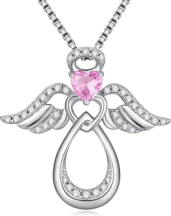 925 Sterling Silver Guardian Angel Pendant Necklace for Women with Birthstone Cubic Zirconia Little Angel Pendant Necklace Jewelry 18 inch Chain