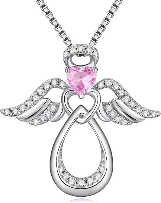 925 Sterling Silver Guardian Angel Pendant Necklace for Women with Birthstone Cubic Zirconia Little Angel Pendant Necklace Jewelry 18 inch Chain