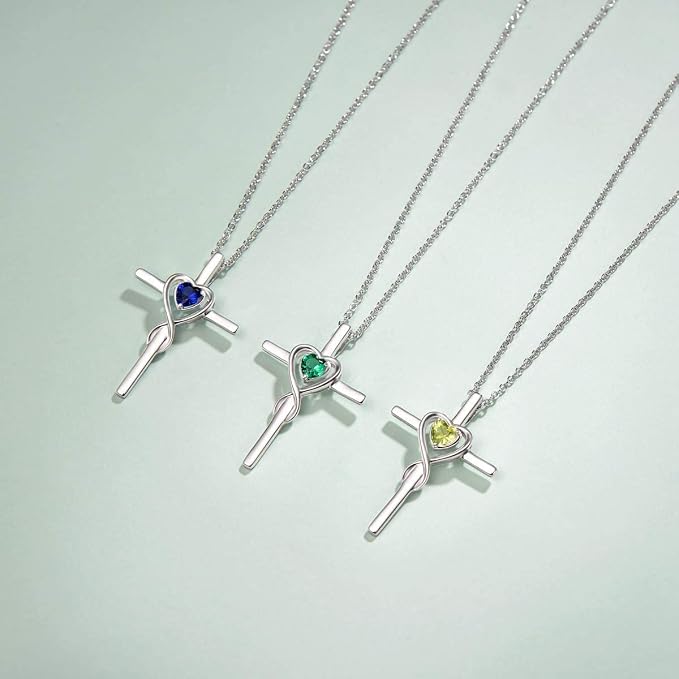 FANCIME Birthstone Cross Necklace for Women Birthstone Necklace Heart Infinity Cross Pendant Necklace Fine Jewelry Christmas Birthday Holiday Gifts for Her, 16"+2" Inches