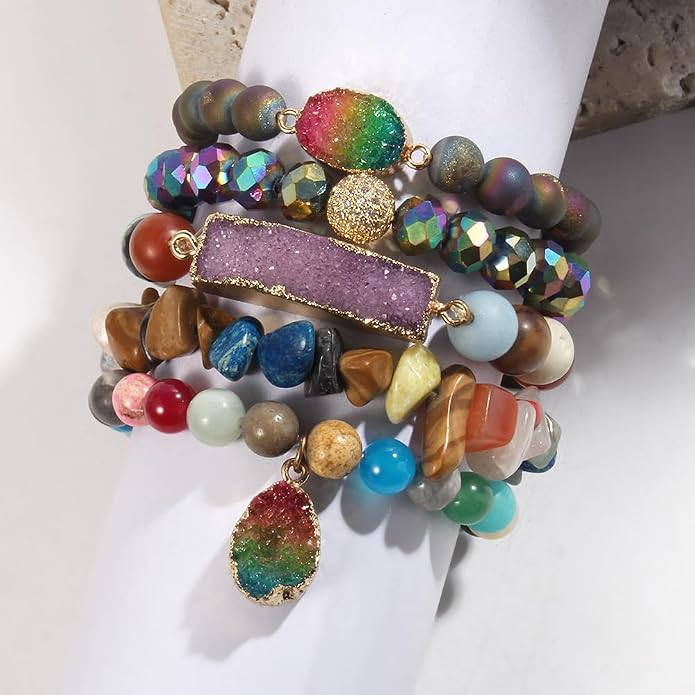 Yomisa 5PCS 6PCS Natural Boho Beaded Bracelets/Bangle for Women Men,Healing Turquoise Jasper Agate Crystal Gemstone Stone Chakra Multilayer Wrap Bohemian Handmade Jewelry Beads Stretch Bracelet Set
