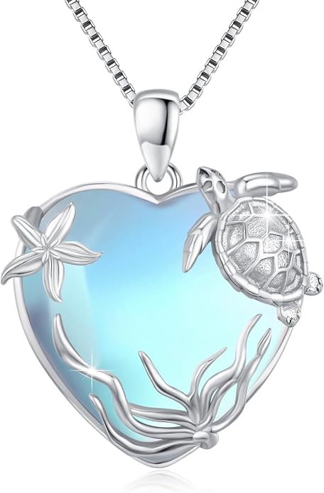 Sea Turtle/Seaweed Necklace for Women 925 Sterling Silver Heart of the Ocean Moonstone Pendant Necklace Turtle Moonstone Jewelry Gift for Wife Mom
