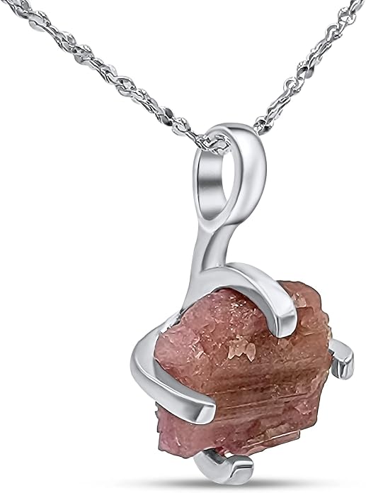 Natural raw gemstone pendant chain necklace with white gold over 925 solid sterling silver, birthstone dainty solitaire gift for her, uniquelan jewelry