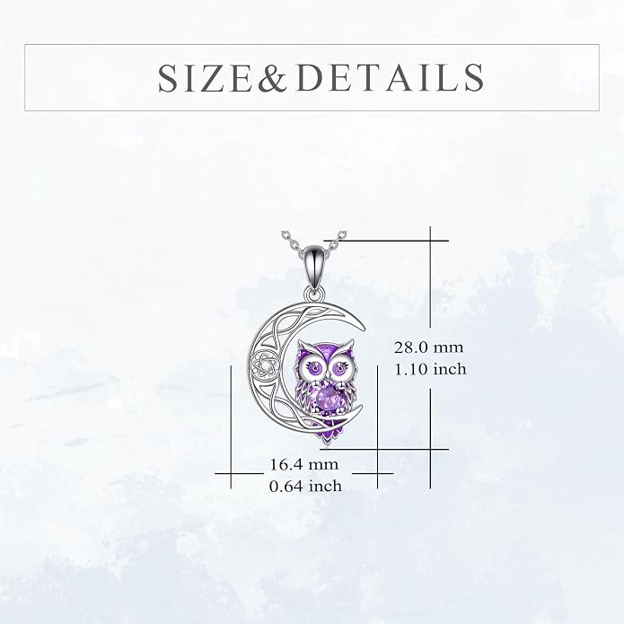 Owl Birthstone Necklace Sterling Silver Celtic Moon Pendant Cubic Zirconia Owls Jewelry Birthday Gifts for Women Men