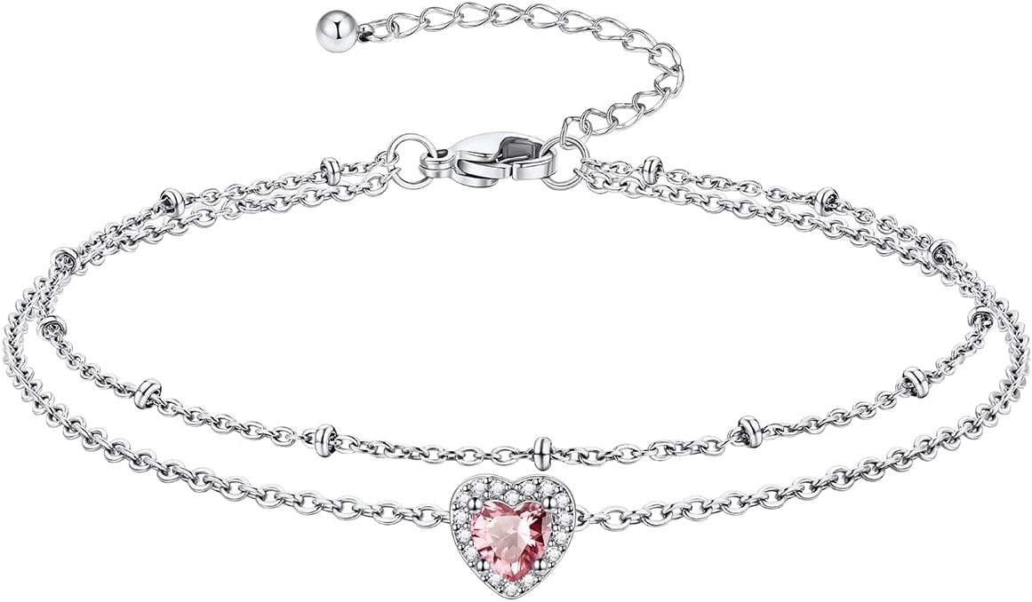 Richsteel Double Layer Heart/Butterfly Birthstone Anklet for Women Non Tarnish Waterproof, Silver/Gold/Black Stainless Steel 8.5-10.5 Inch Adjustable Chain Anklets Jewelry Gifts for Her