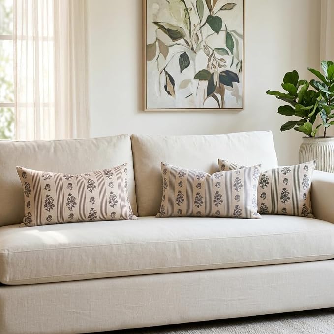 Amor Virisso Floral Throw Pillow Covers 12 x 20 Set of 2 Block Print Pillow Covers Neutral Floral Striped Farmhouse Decorative Pillow Covers for Sofa Couch Bed, Light Blue