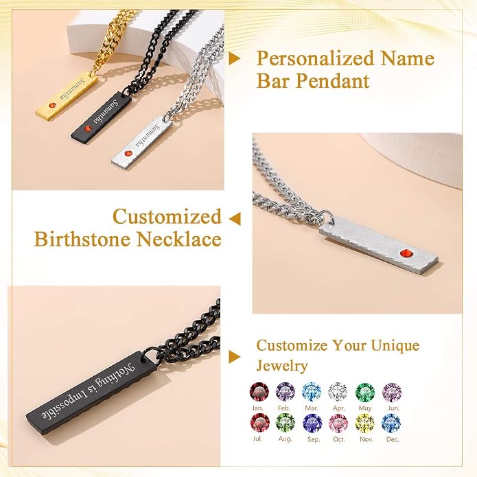 Custom4U Personalized Birthstone Bar Necklaces for Women, Custom Handmade Silver/Black/Gold Vertical Bar Pendants with 1-3 Names Engraved,Unique Memorial Necklace for Her
