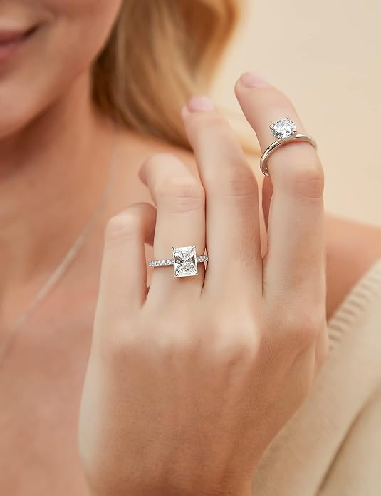 EAMTI 1/2/3/4CT 925 Sterling Silver Engagement Rings Radiant Cut Solitaire Cubic Zirconia CZ Wedding Promise Rings for Her Wedding Bands for Women Size 3-11