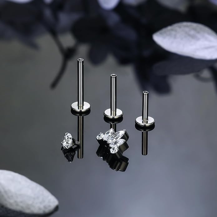 Ruifan Titanium Flat Back Lip Rings Internally Threaded Earrings Studs Nose Rings 16G Opal CZ Tragus Cartilage Lobe Rook Helix Conch Labret Medusa Piercing Jewelry for Women Men W Piercing Taper Set