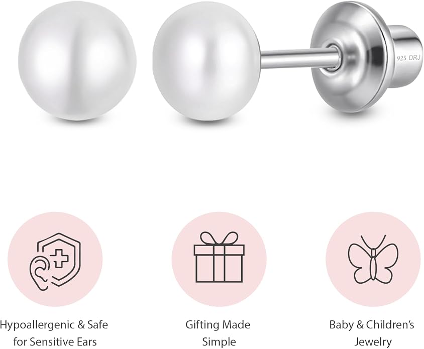 Pearl Screw Back Stud Earrings for Baby, Toddler, Girls | Hypoallergenic 925 Sterling Silver Screwback Safety Earrings | Simulated Pearl Studs for Sensitive Ears | Keepsake Gift for Birthdays Holidays Special Occasions