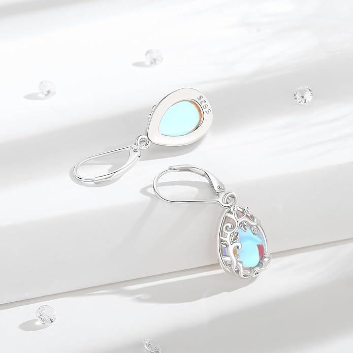 Vito 925 Sterling Silver Teardrop Earrings for Women, Moonstone Turquoise Drop Dangle Earrings Cat Snake Turtle Tree of Life Leverback Earrings Boho Jewelry Gift for Mom Wife