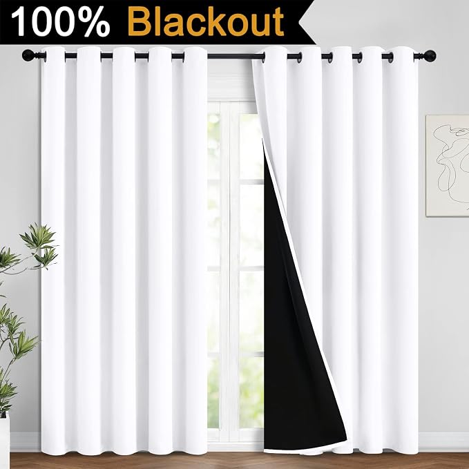 Yakamok Pure White 100% Blackout Curtains 96 Inches Long 62" Wide 2 Panel | Blackout Curtain Panels for Bedroom, 2 Thick Layers Grommet Top Thermal Insulated Drapes with Black Liner for Living Room