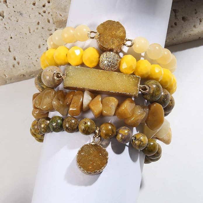 Yomisa 5PCS 6PCS Natural Boho Beaded Bracelets/Bangle for Women Men,Healing Turquoise Jasper Agate Crystal Gemstone Stone Chakra Multilayer Wrap Bohemian Handmade Jewelry Beads Stretch Bracelet Set