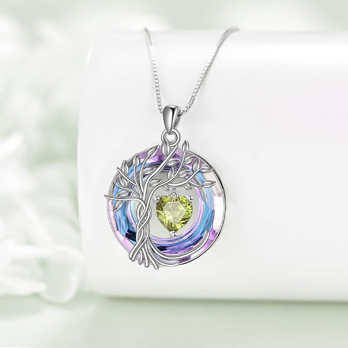 POPLYKE Mothers Day Gifts for Mom Her Wife Tree of Life Necklace 925 Sterling Silver Birthstone Pendant with Crystal Anniversary Birthday Wedding Jewelry for Women
