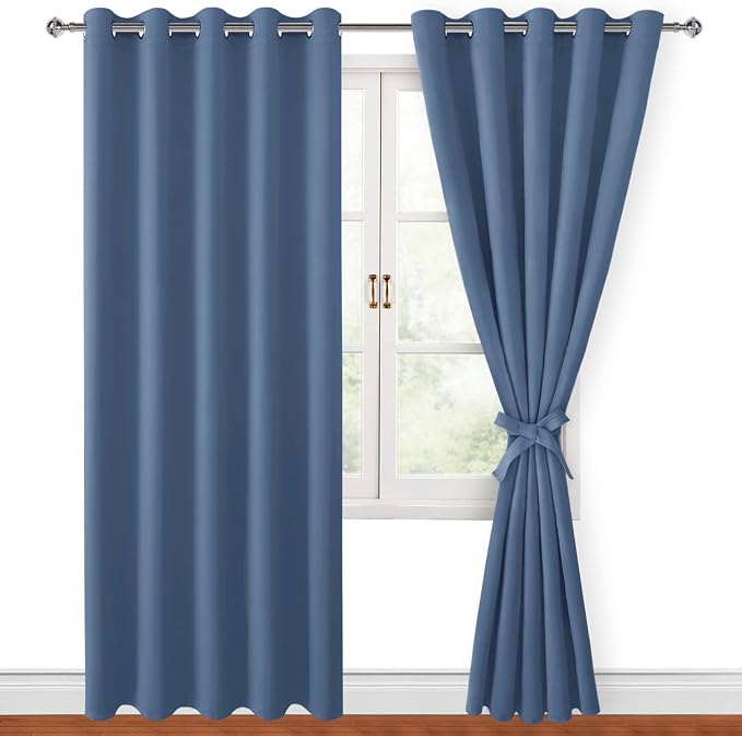 Hiasan Blackout Curtains for Bedroom, 60 x 84 Inches Long - Thermal Insulated & Light Blocking Window Curtains for Living Room/Kids Room, 2 Drape Panels Sewn with Tiebacks, Blue Haze