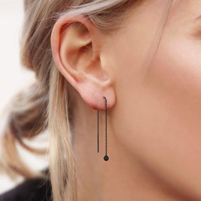 3 Pairs Threader Earrings 925 Sterling Silver Long Chain Earrings Bar/Ball Wrap Threader Drop Earrings for Women Lightweight Minimalist Mother's Day Jewelry Set