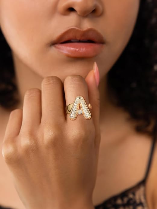 KeyStyle Bold Initial Letter Rings Adjustable, GoldChic Jewelry Women Gold Statement Ring Personalized Engraved Women’s Open Signet Ring for Party (Gold, White Gold, Black)